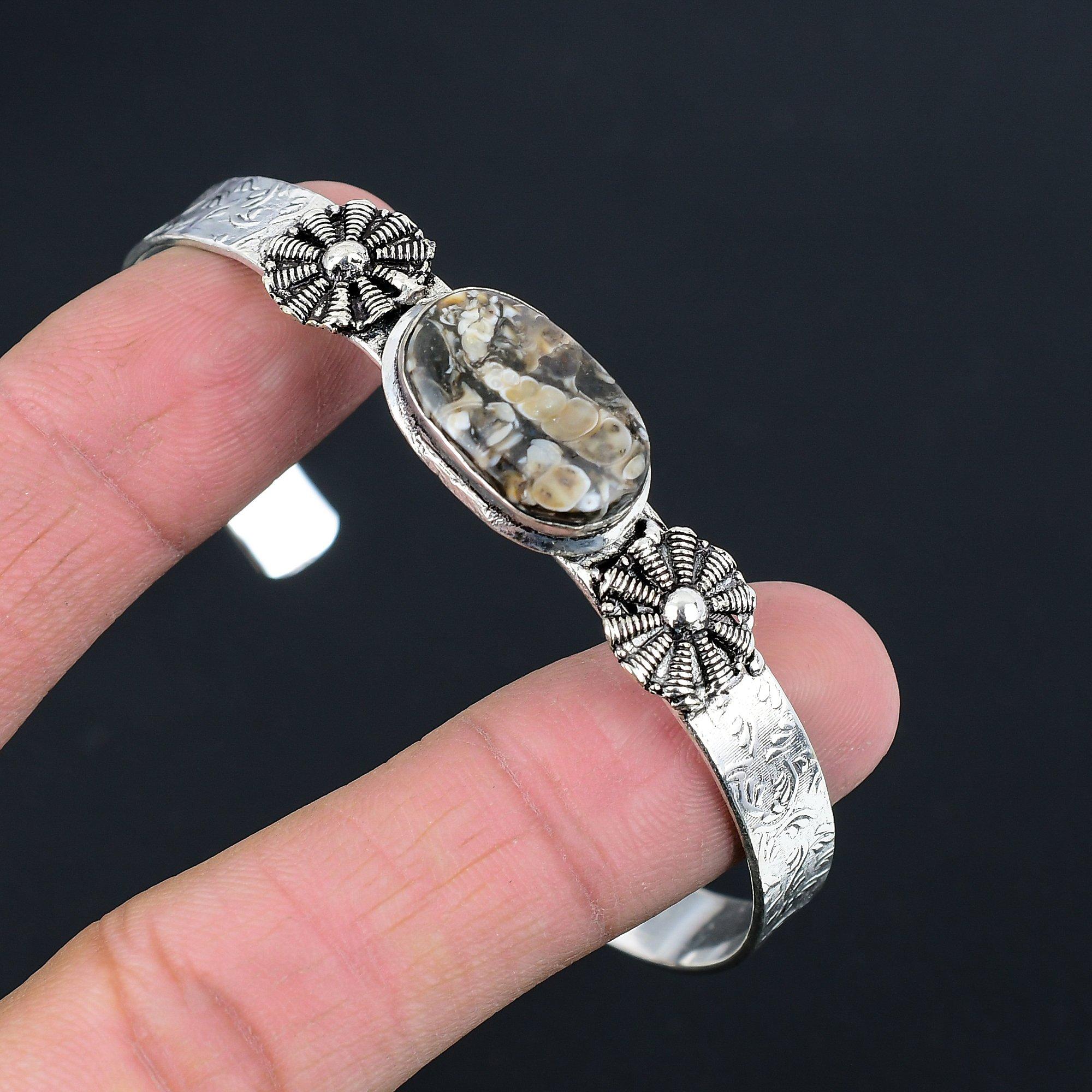 

Mothers day Deal Sterling Silver Oval Turritella Agate Gemstone Bangle Bracelet Adjustable