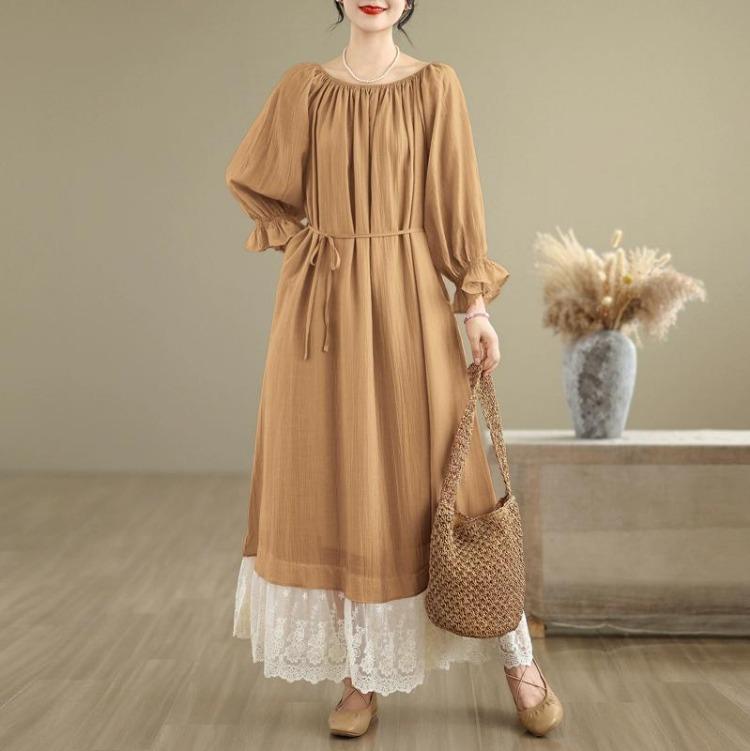 New French Style Oversize Off The Shoulder Dress Patchwork Lace Sweet One Neckline Slim and Long Look