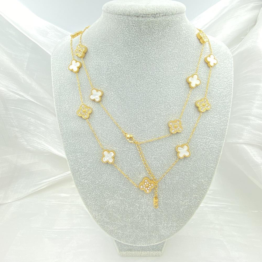 

13 мм Титановая сталь 90 см 20 цветков Двусторонняя перламутровая Подвеска-талисман Четырехлистный клевер Женская модная цепочка для свитера