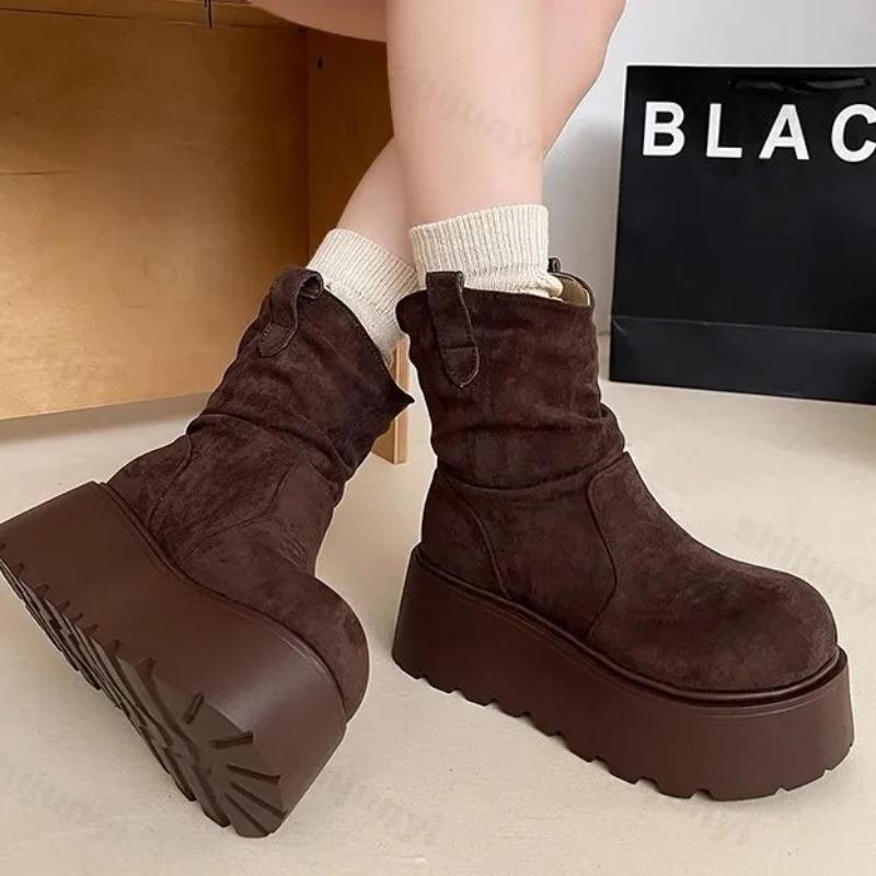 Schneestiefel für Damen Schuhe Plüsch Winter Plateau Schuhe 2025 Neue Pelz Geraffte Stiefeletten Damen Dicke Sohle Mid-Calf Stiefel