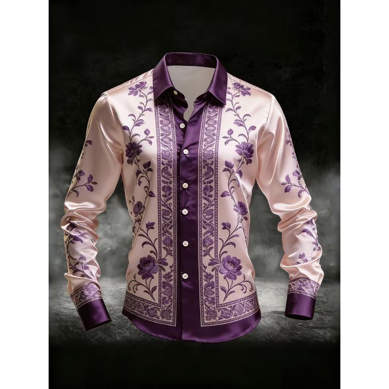 New Long Sword Black Wings Baroque 3D Printed Long Sleeve Shirt Smooth Satin Collar Men's Top Clothing