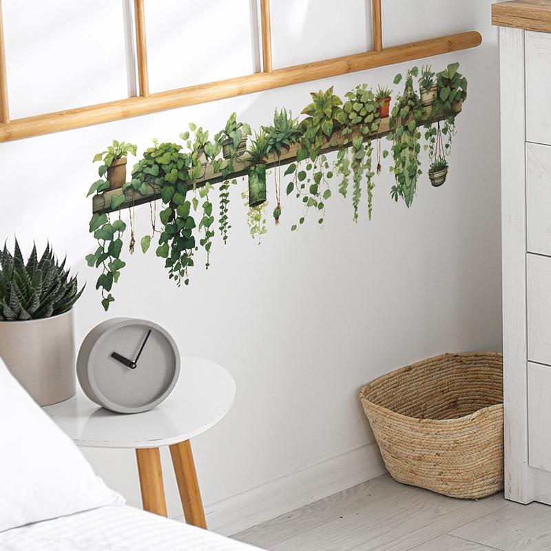 Green Plants Green Leaves Hanging Basket Wallpaper Bedroom Living Room Wall Beautify Decorative Wall Stickers