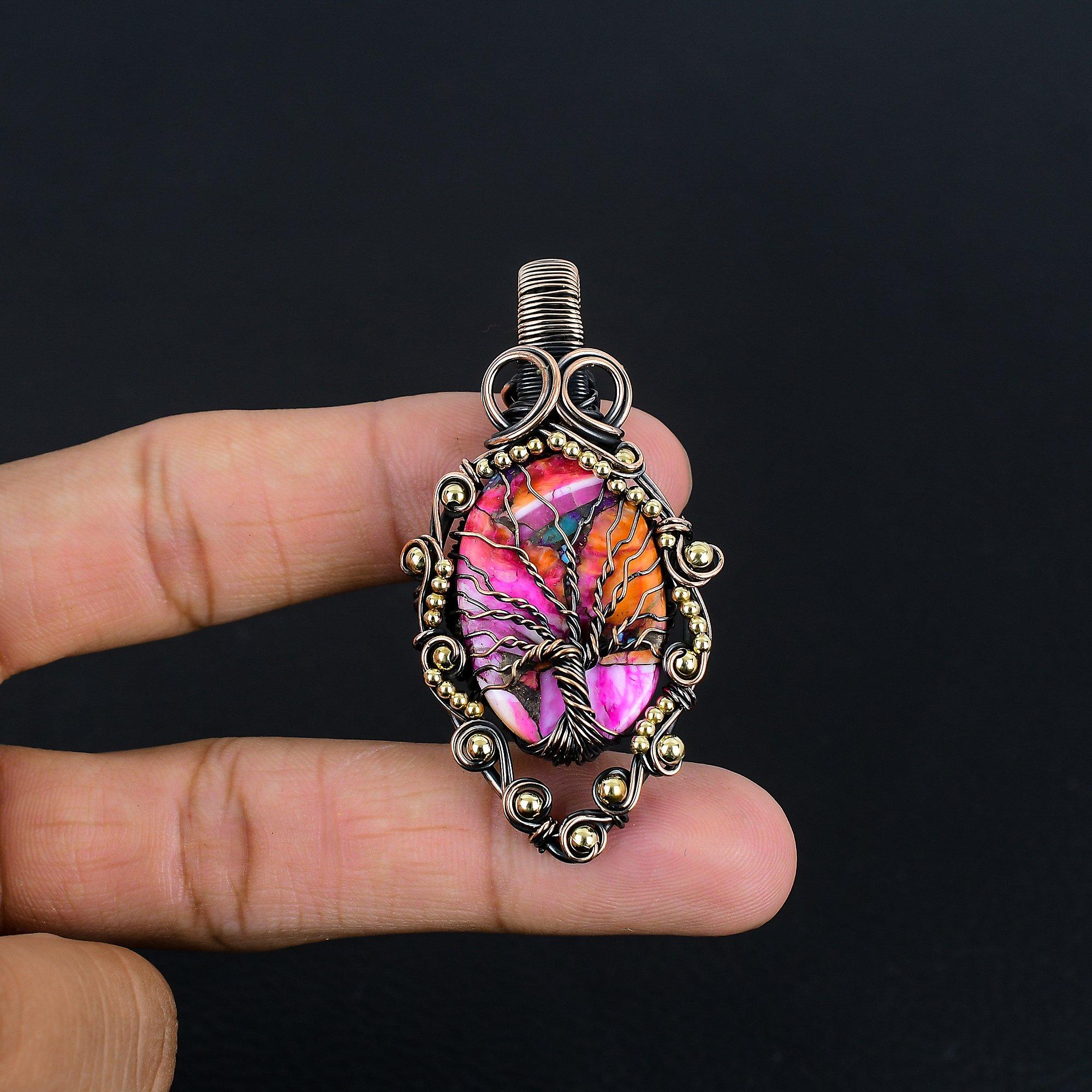 

Дерево Жизни Розовый Спини Ойстер Ювелирные Изделия, Подвеска из Драгоценного Камня, Оплетенная Медной Проволокой 999 пробы, Подвеска Ручной Работы, На День Памяти 2.36 Inches