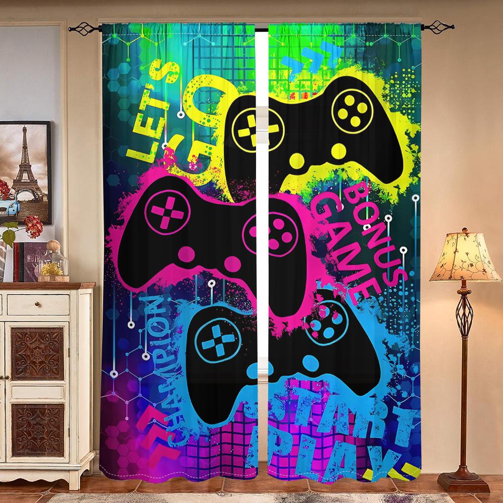 2 pieces, game controller curtains - bright neon text -30% blackout - suitable for living room, bedroom, kitchen, home decoratio