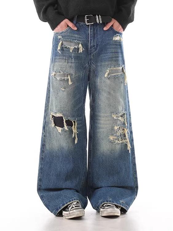 Unisex Distressed Patchwork Wide-Leg Ripped Jeans