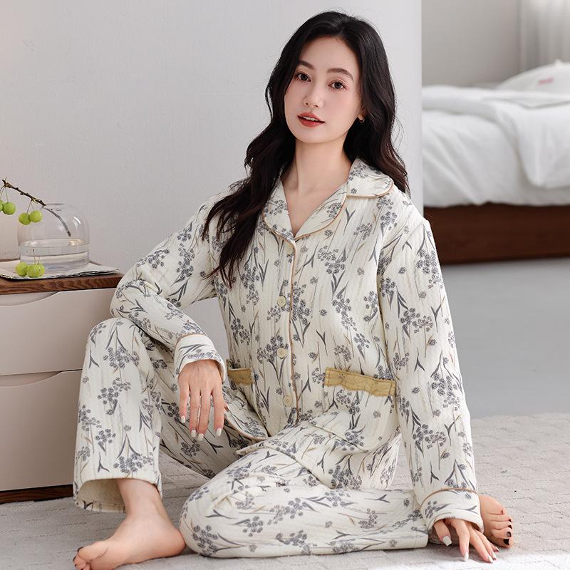 Air Cotton Pajamas Women's Spring and Autumn Thickened Pure Cotton Long-sleeved Women's Autumn and Winter Interlayer Thin Padded Loungewear