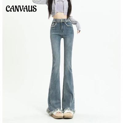 Micro Flare-broek Jeans voor dames Lente en herfst Hoge taille Lichtgekleurde uitlopende broek met ruwe rand