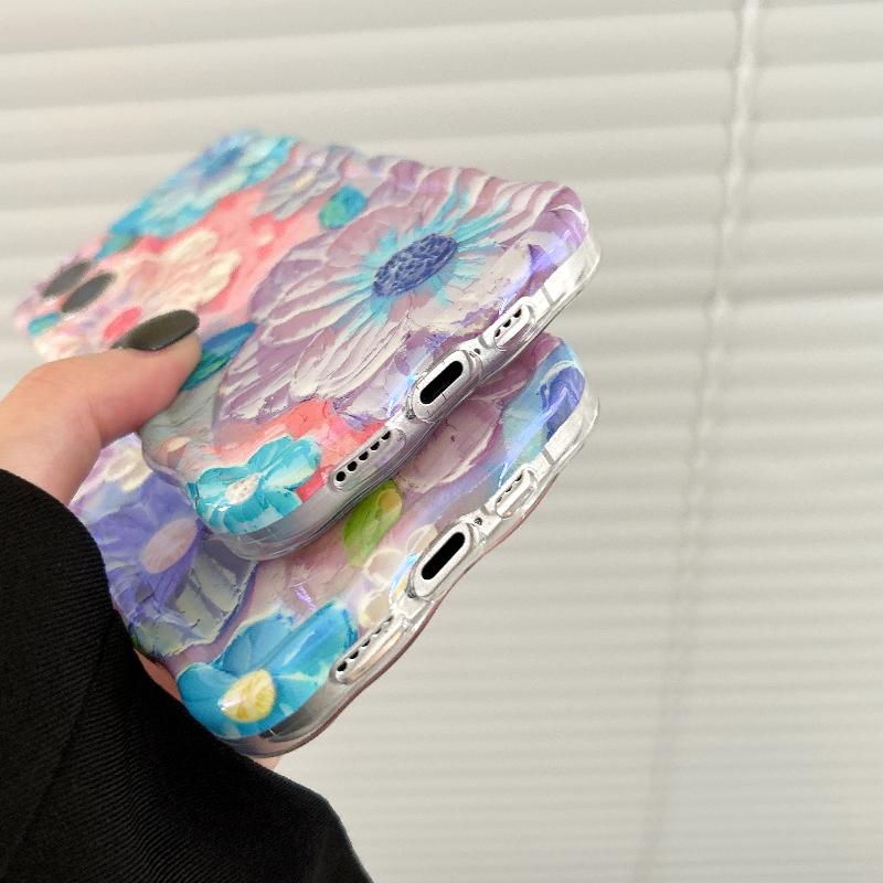 Korean Retro Oil Painting Phone Case For iPhone 16 15 14 13 12 Pro Max Plus 11 Luxury 3D Flowers Print Back Cover Artistic Decor