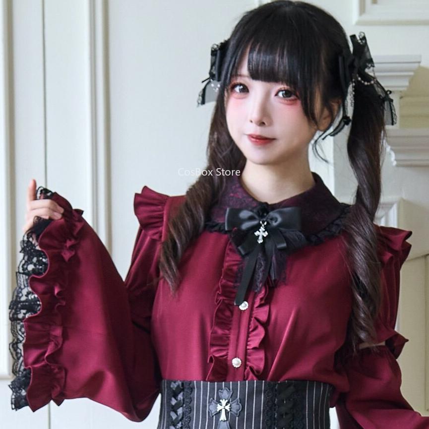 Jirai Kei Prinses Mouwen Strik Kant Blouse Gothic Lolita Donker Set Zwarte Hoge Taille Rok Dames Zoete Kawaii Stijl Japanse Stijl L gray