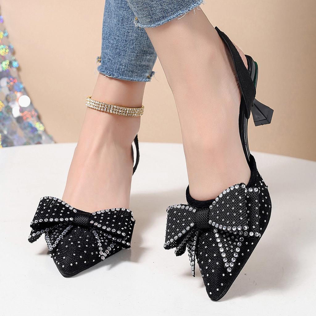 Small temperament rhinestone pointed bow high heels women's summer 2025 new thin heel foreign trade bag head sandals 43
