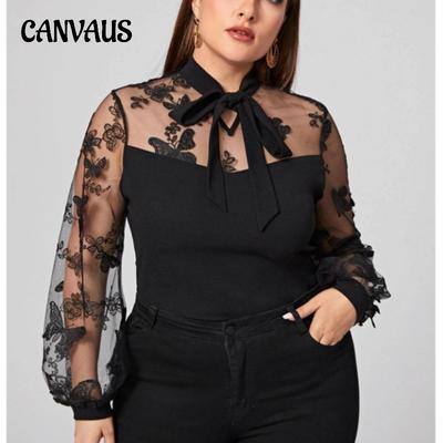 Top da donna primaverili e autunnali, a maniche lunghe, taglie forti, in tinta unita, con giunture in rete e cravatta