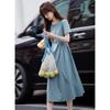 Women's Puff Sleeve Pleated A-Line Midi Dress