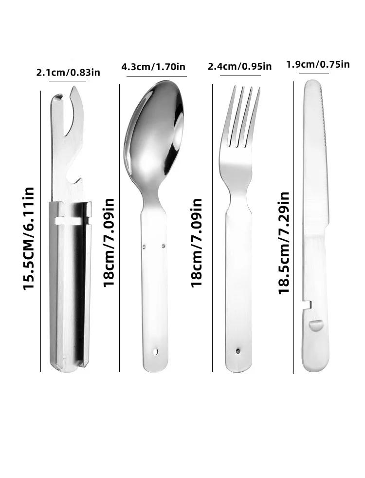 4-in-1 Portable Stainless Steel Camping Spoon, Fork, Knife and Can/Bottle Opener, Military Camping Utensils