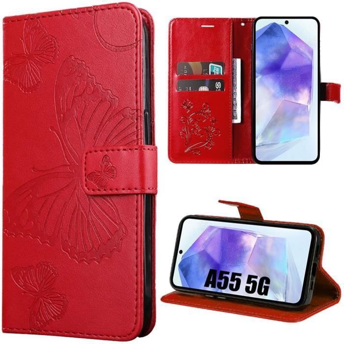 Coque - Booling - pour Samsung Galaxy A55 5G - Rouge - Effet Cuir - Motif Papillon Embossé