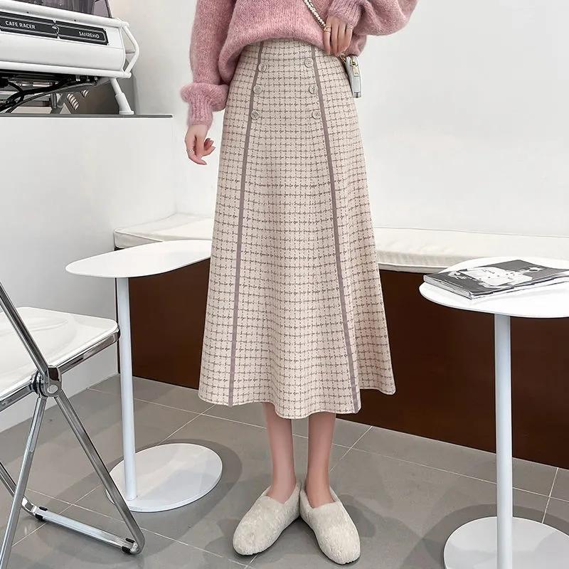 Winter verdickte Rippenstrick-Maxi-Langröcke mit großem Schwung. Elegante, solide A-Linien-Plissee-Knöchellängen-Strickröcke