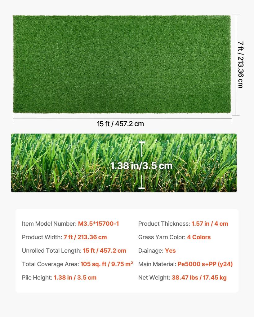 Artificial Grass, 457.2 X 213.36 Cm Fake Grass Turf Rug, 3.5 Cm Pile Height Realistic Synthetic Lawn Carpet Roll Mat, Easy Clean Drainage Holes for