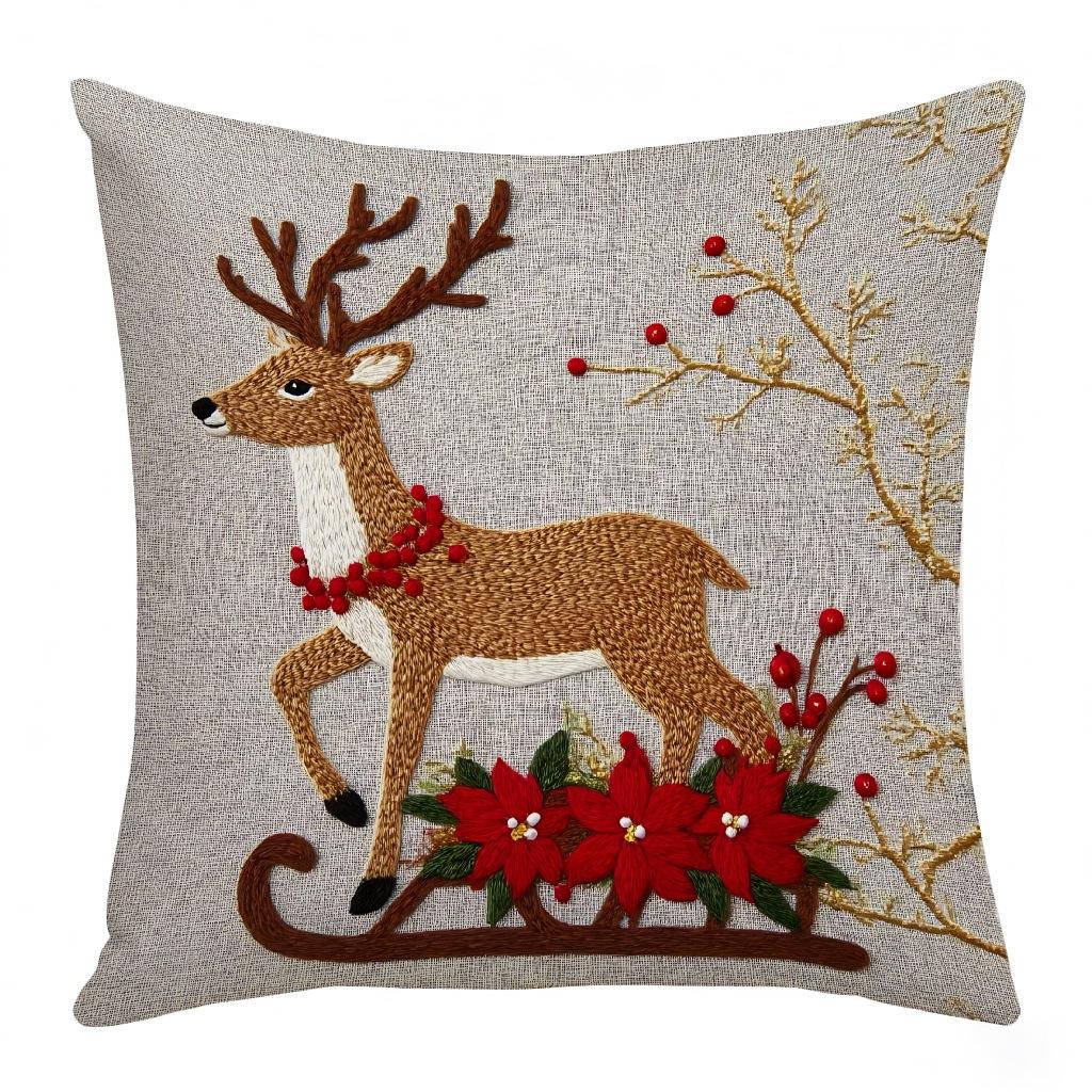 Christmas Embroidered Pillow Covers Set of 4 Santa Deer Snowman Cushion Cases Winter Holiday Sofa Decor (No Insert)