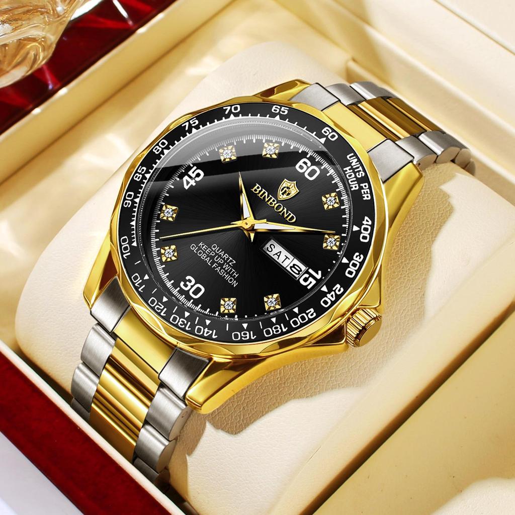 Binbang Men's Green Submariner Quartz Watch, Double Calendar, Steel Band, Business Waterproof.