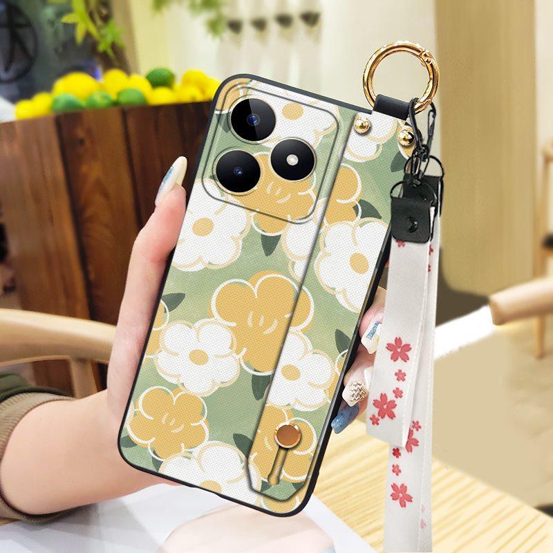 Back Cover Anti-knock Phone Case For Realme C53/Narzo N53 Wrist Strap Phone Holder Dirt-resistant Waterproof Ring Flower