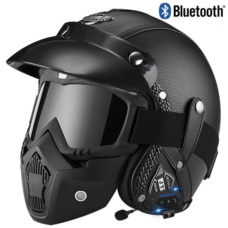 3C Certified -border Electric Motorcycle Retro Helmet for Men and Women, Leather Helmet for Electric Bike Riding, 3/4 Half Pink with Mask