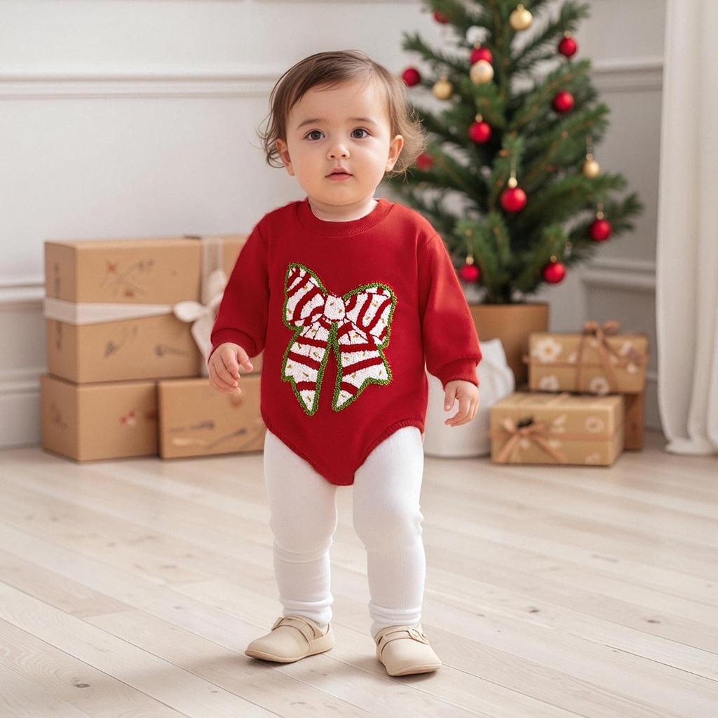 Christmas Baby Girl Red Romper - Cartoon Bow & Embroidery, Long Sleeve.