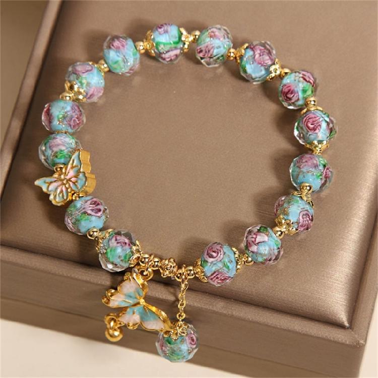 Glass Bead Butterfly Pendant Bracelet Rose Garden Design Offering Comfortable Beads Bracelet for Special Occasions