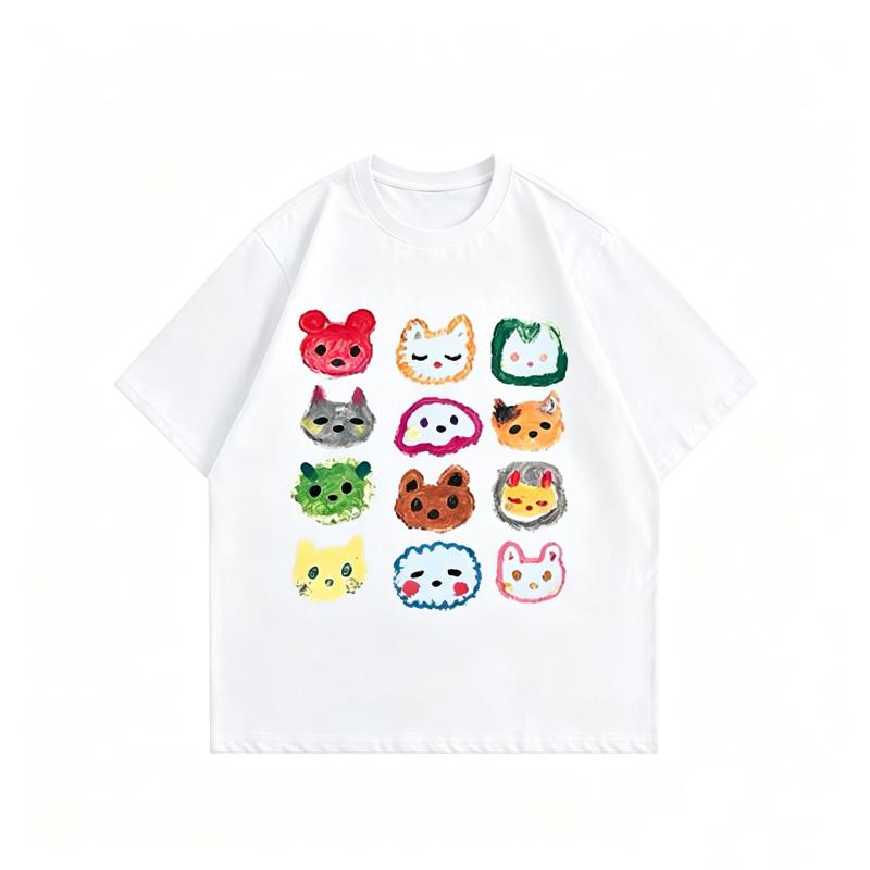 ZAZOMDE Unisex Streetwear Oversized Tshirt Graffiti Cartoon Animal Faces Graphic Cotton Short Sleeve Tops Youth Hip Hop Daily Tees