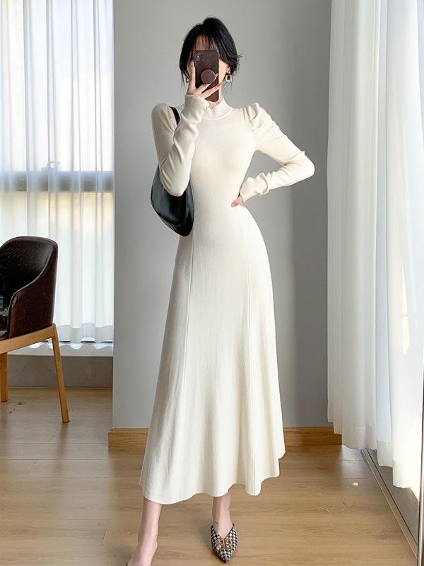 Autumn/Winter Long Wool Over-Knee Knit Dress with Semi-High Neck for Women