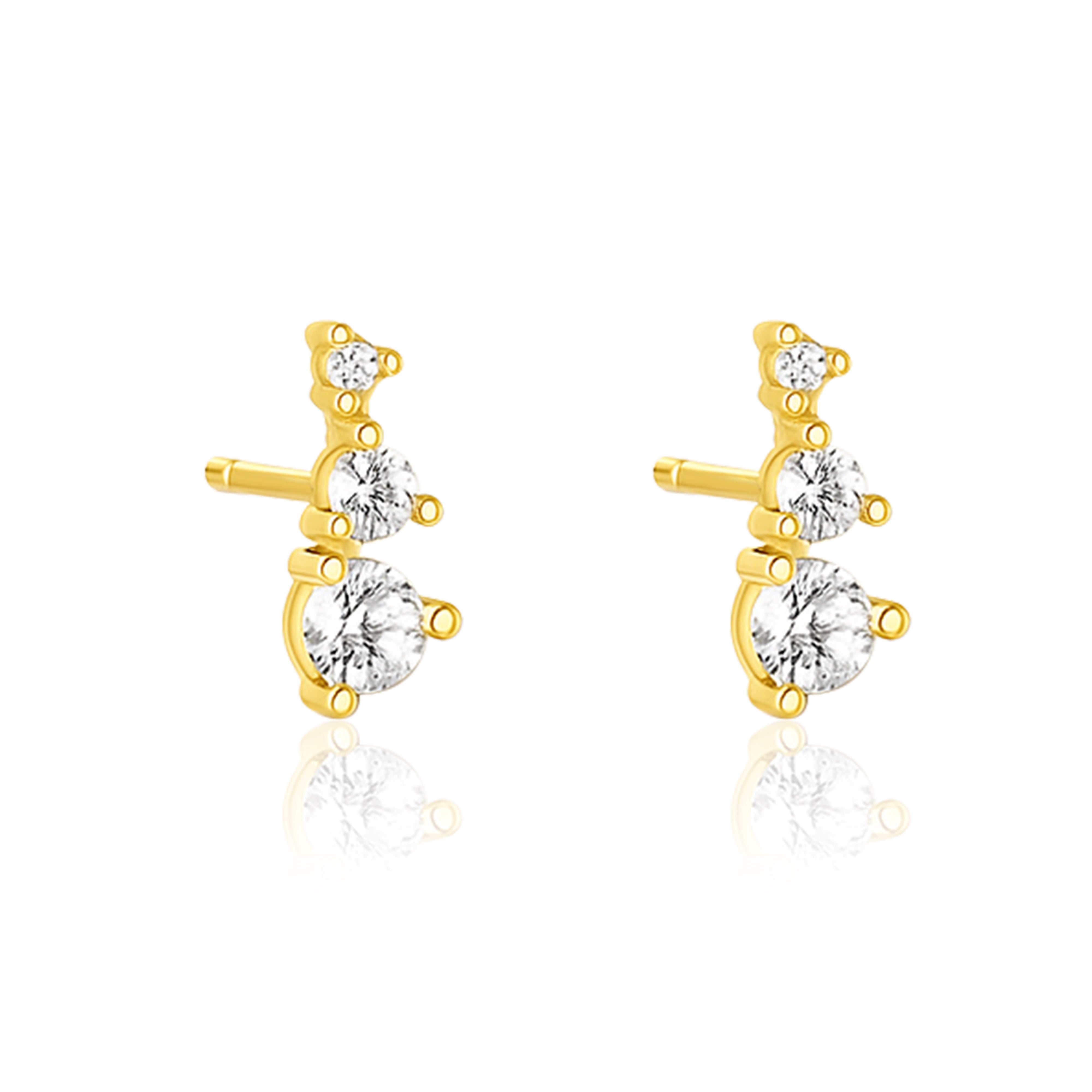 Graduated Triple Stone Stud Earrings Earrings - 925 Sterling Silver Yellow Plated