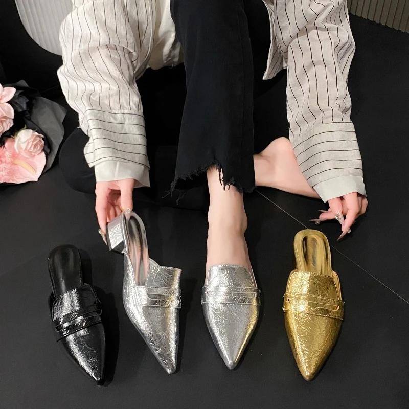 Fashion Baotou Semi-drag Women's Pointed Toe Shallow Mouth Patent Leather Rear Empty New Temperament Versatile Lazy Cool Drag