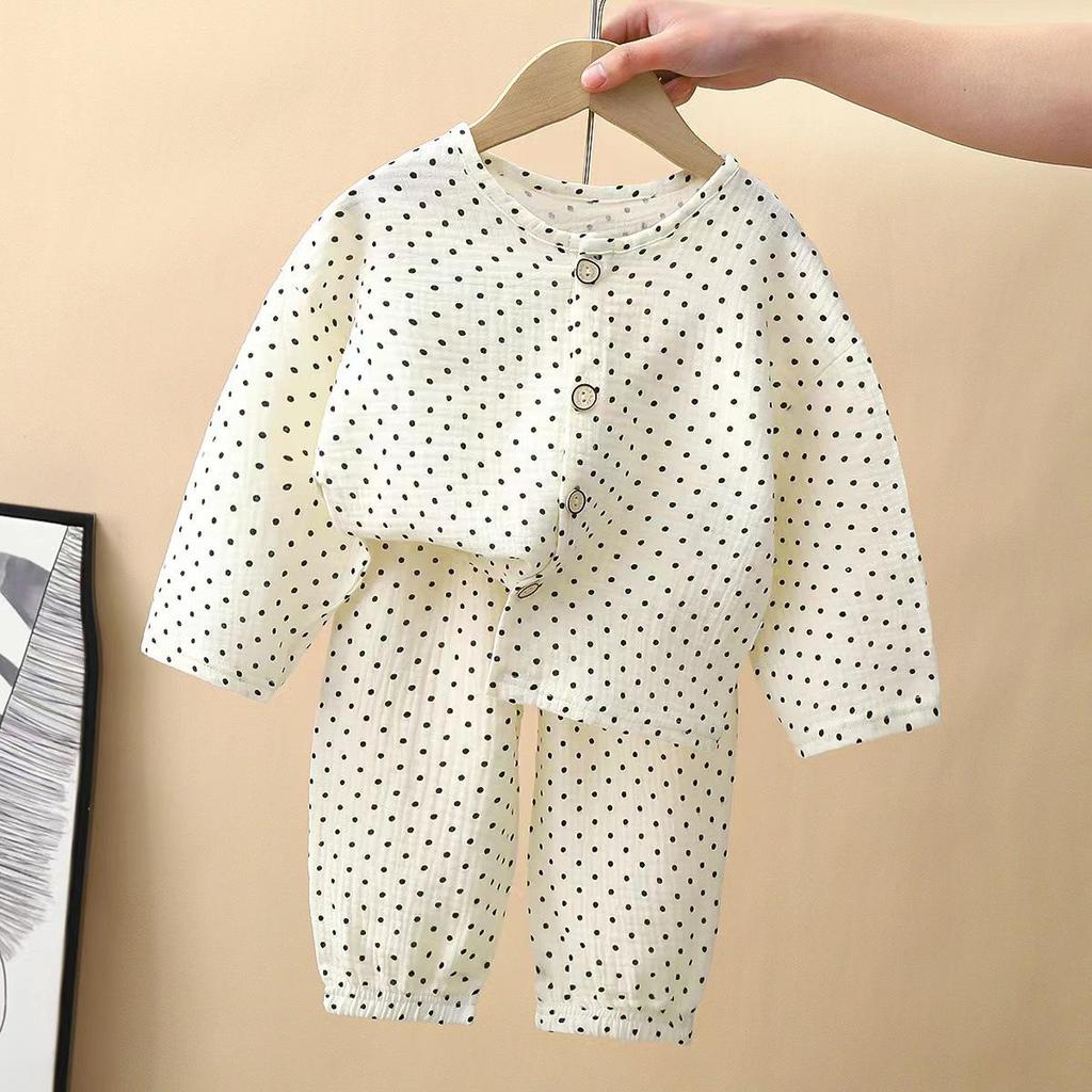 Kids' Cartoon Cotton Gauze Homewear Set - Nine-Sleeve, Unisex