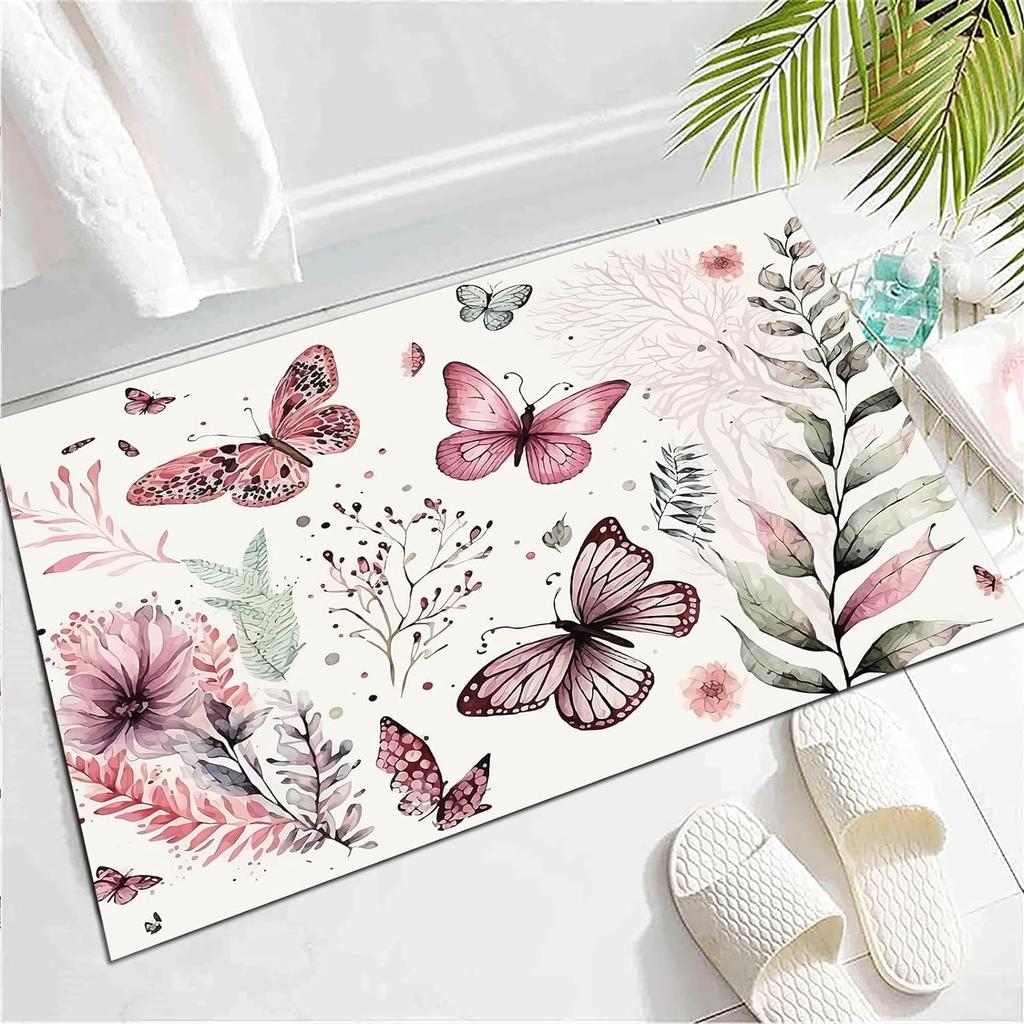 Wild Animal Butterfly Carpet Spring Garden Plant Floral Rug for Bedside Sofa, Botanical Flower Floor Mat Home Entrance Doormat
