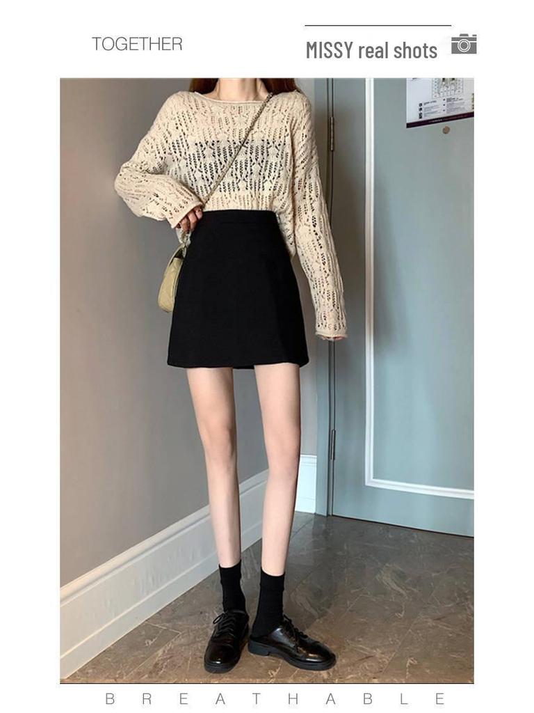 Women's Summer 2024 High Waist Black Slimming A-line Midi Skirt