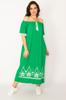 Women's Big Size Dress Plus Size Green Karmen Collar Long Dress with Embroidery and Tassel Detail