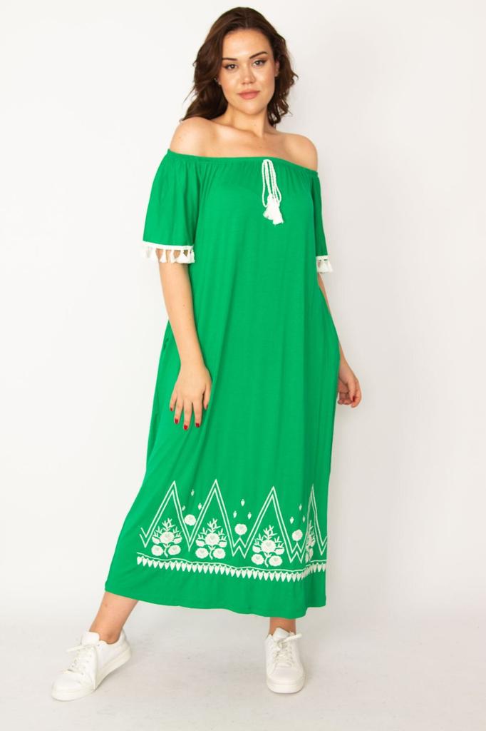 Women's Big Size Dress Plus Size Green Karmen Collar Long Dress with Embroidery and Tassel Detail