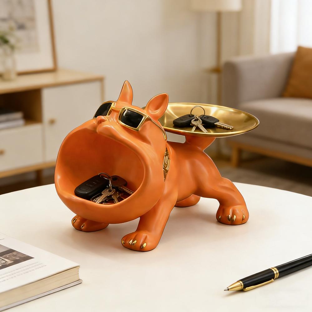 Orange Bulldog Statue Storage Tray Ornament Animal Dog Decoration Resin Craft Art Sculpture Home Decoration Gift