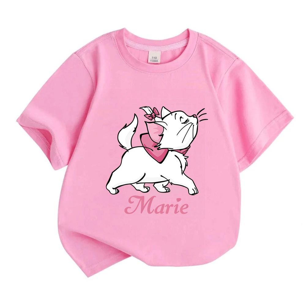 Kids Boys Girls Crew Neck Short Sleeve 100% Cotton T-Shirt, Cute White Cartoon Cat Print Casual Soft Breathable Summer Tee for Daily Wear School Holid