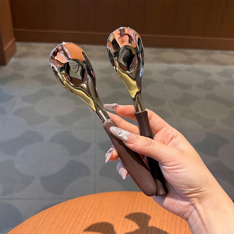Wood Grain 304 Stainless Steel Children's Dessert Spoon and Ladle Set