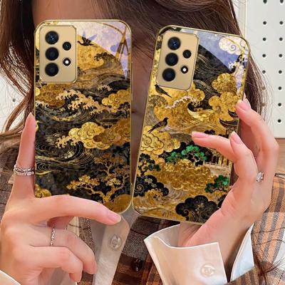 Gouden golvende golven Voor Samsung A 01 52S A04 A05S A10 A12 A13 22 23 24 36 42 M02 Note 10 20Ultra 8 9 Gouden glazen telefoonhoes