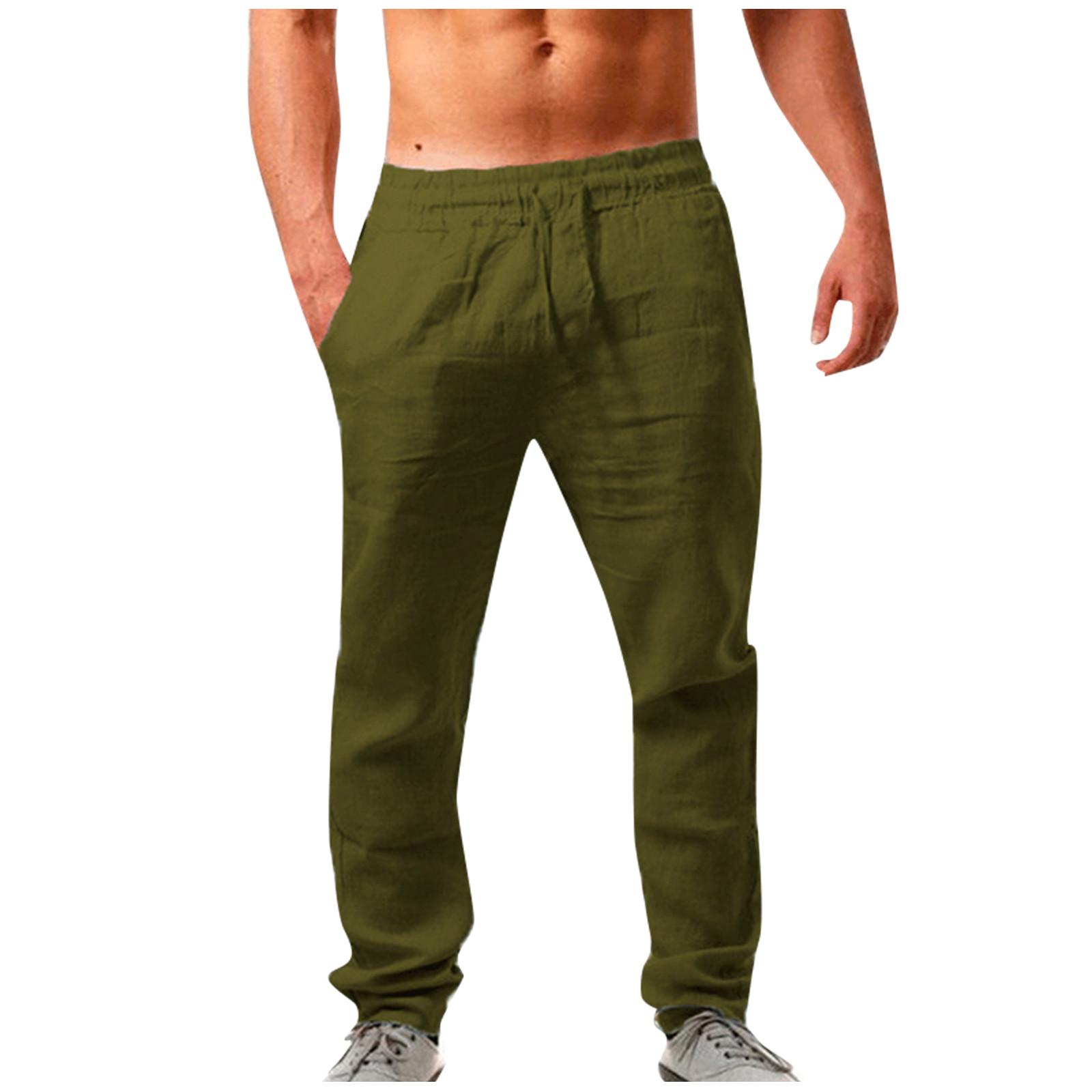 

Мужские свободные повседневные однотонные хлопковые льняные брюки с эластичной завязкой, прямые брюки M