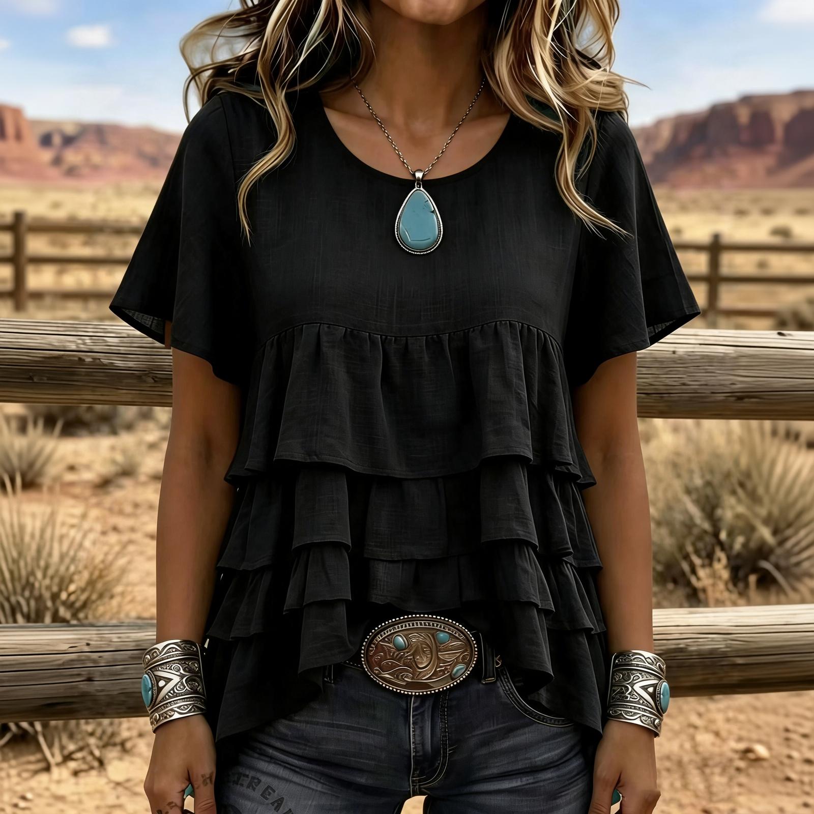 Women Casual Short Sleeve T Shirt Layered Ruffle Hem Patchwork Round Neck Blouse Lightweight Summer Top L
