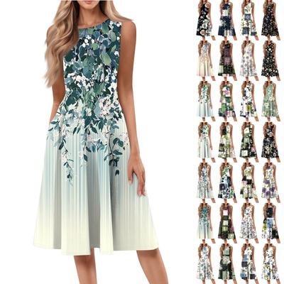 Vestido Midi Casual Feminino Estampado Floral Gola Redonda Sem Mangas Cor Sólida