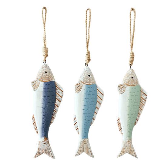 Mediterranean Vintage Wooden Fish Decoration Farmhouse Rustic Nautical Home Restaurant Wall Art Fish String Hanging Ornament Pendant