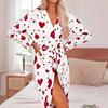Women's Heart Printed Robe Soft Belted Kimono Bathrobe Mid Length Shower Spa Loungewear Cozy Long Sleeve Pajamas