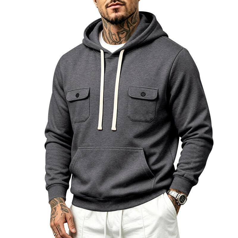 Men’s Heavyweight Fleece-Lined Outdoor Sports Loose-Fit Workwear Plain-Coloured Hooded Sweatshirt for Autumn/Winter