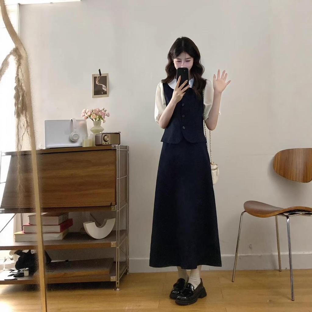2026 Summer College-Style Doll Collar Two-Piece Top with Elastic Waist Skirt (Long/Short)