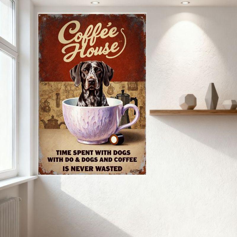 Vintage Coffee House Metal Tin Sign - Retro Whimsical Dog & Coffee Themed Wall Art for Cafe Bar Man Cave Home Decor