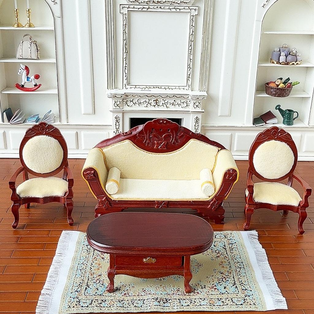1:12 Scale Dollhouse Miniature Living Room Mahogany Sofa Armchair Coffee Table Set For Realistic Display