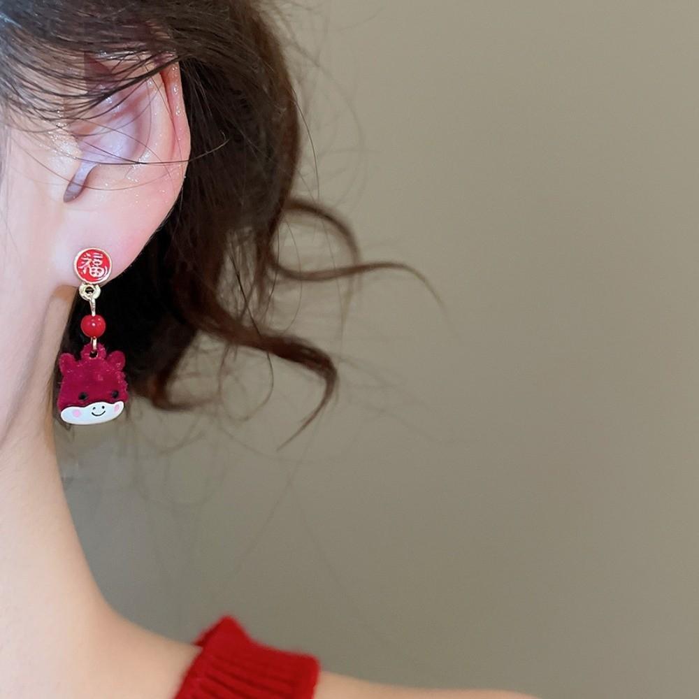 Tassel Red Pony Earrings Flocking Horse Mascot Drop Earrings Retro New Year Horse Earrings  Girls
