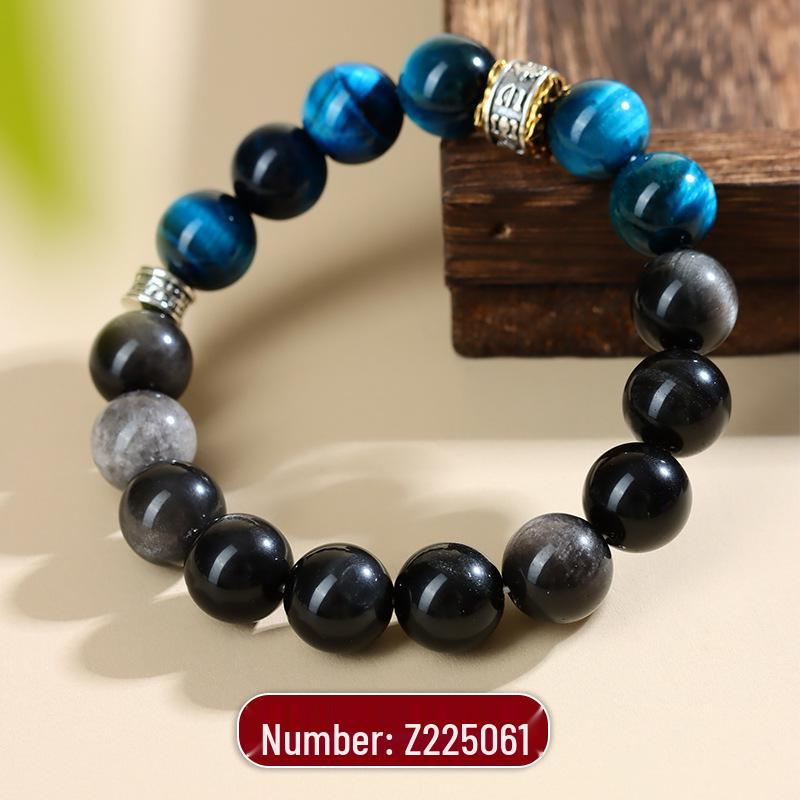 Natural Peacock Blue Tiger Eye & Silver Obsidian Retro Bracelet for Men & Women